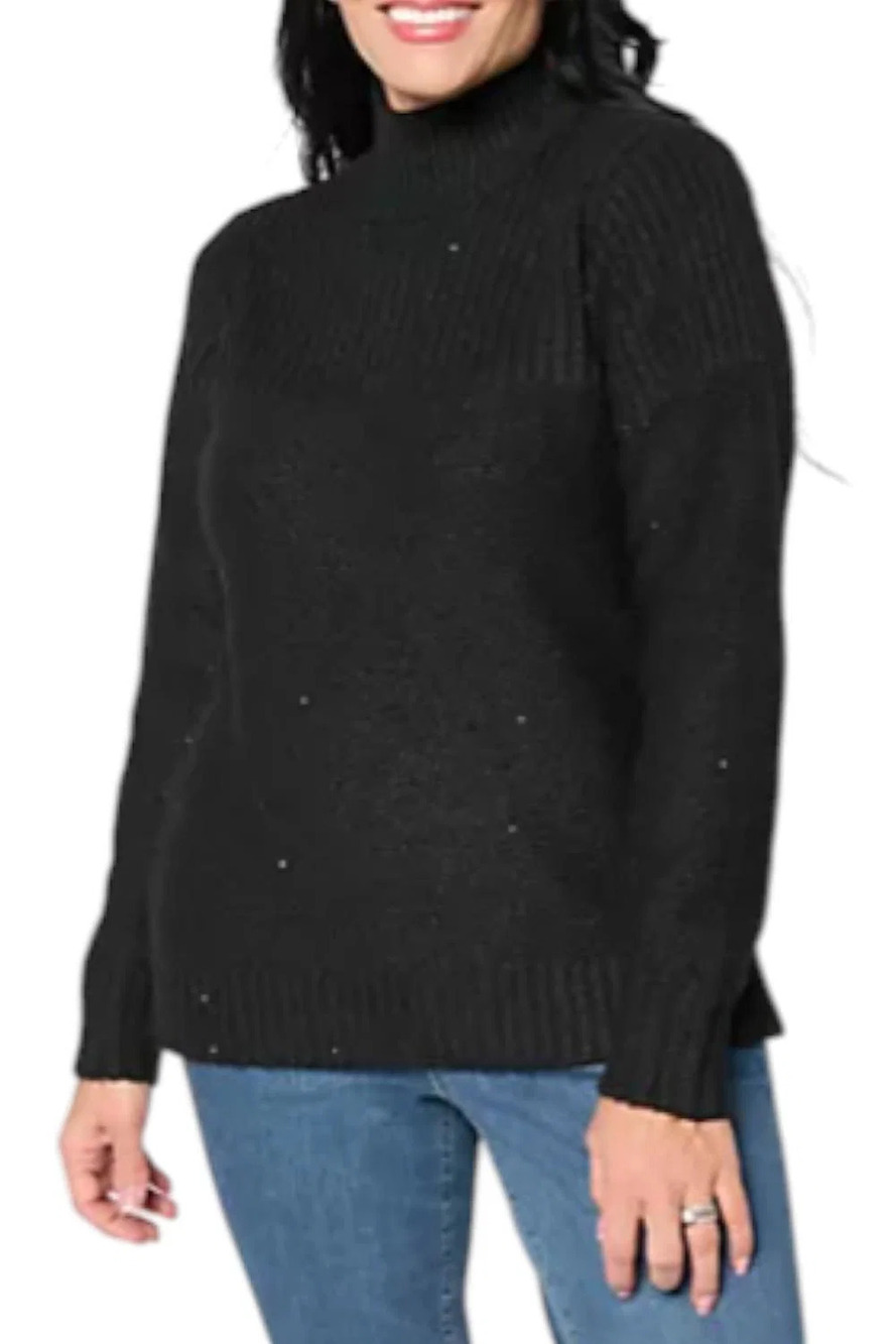 Belle by Kim Gravel Women's Just Enough Sparkle Mock Neck Sweater Blk - Regular